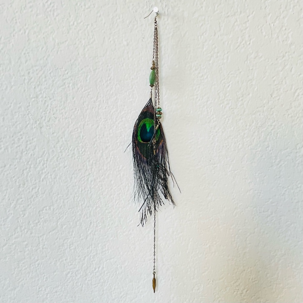 🦚 Peacock feather and chain earring long single handmade dangle - Picture 5 of 5